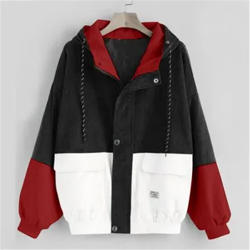 

Women Long Sleeve Corduroy Patchwork Oversize Jacket Windbreaker Coat Overcoat Hooded Pockets pockets windbreaker jacket women