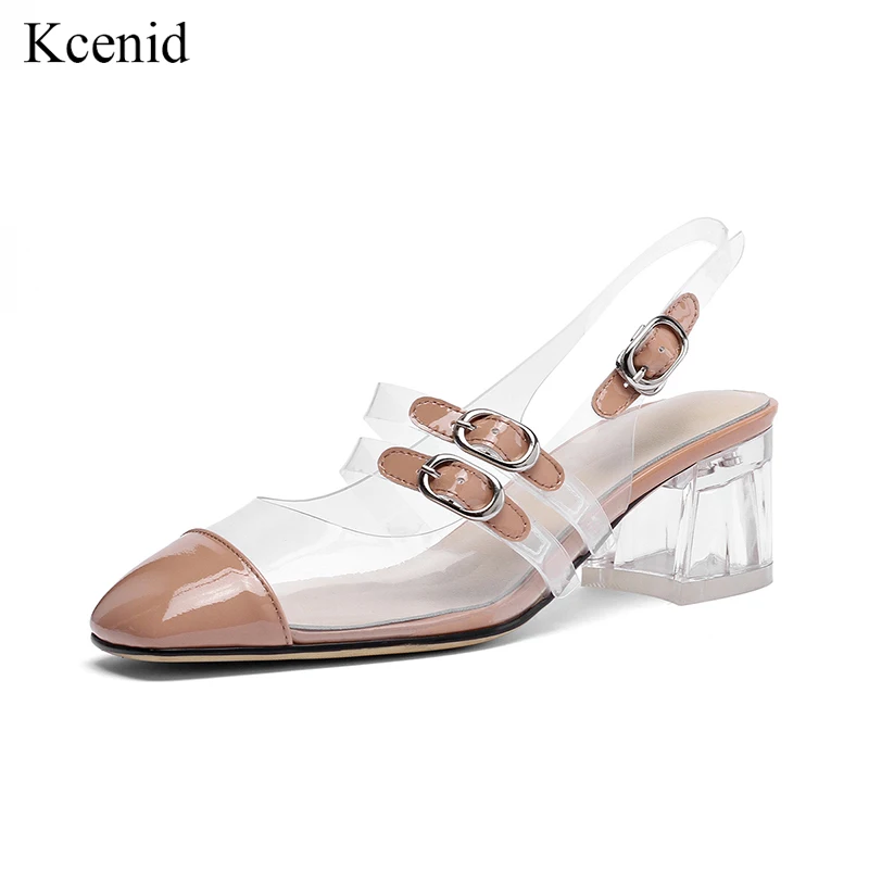 

Kcenid Women pumps PVC round toe clear transparent chunky heel pumps buckle strap 2019 slingback dress shoe summer apricot black