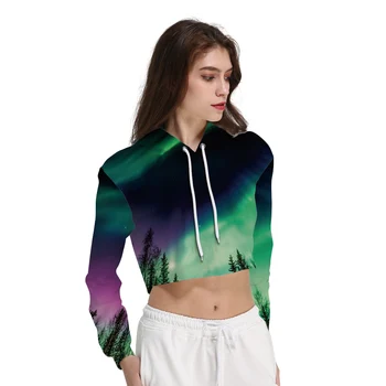 

New 2018 Summer Women Long Sleeve Crop Top Hoodies Plus Size 3xL Green Tree Blue Sky Print Casual Tops