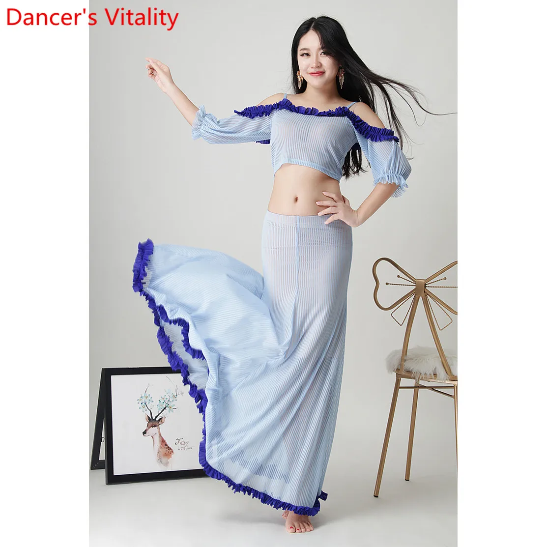 

2019 New Belly Dance Practice Clothes Beginner Puff Sleeves Top Long Skirt Set Oriental Indian Dance Stage Wear Performance Suit