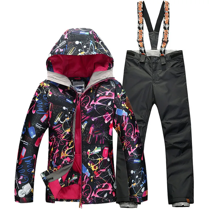 Gsou зимний ветрозащитный лыжный костюм наборы для женщин водонепроницаемый дышащий теплый и толстый жакет+ брюки костюм для сноубординга одежда - Цвет: black pants