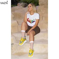 VAZN 2019 Лето 2-цвета 2-pieces печать с коротким рукавом наборы женщин o-образным вырезом сексуальные наборы леди Повседневный стиль красочные