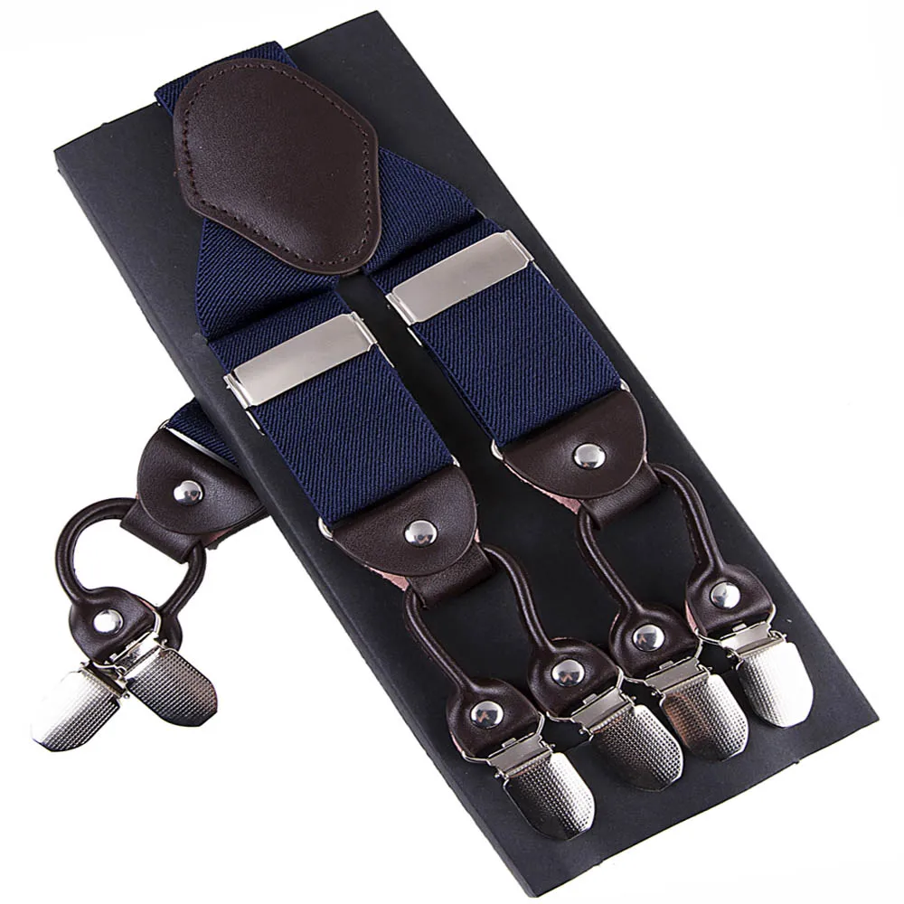 Man's Suspenders Leather 6 clips Braces Male Vintage Casual Suspensorio Tirantes Trousers Strap Father/Husband's Gift 3.5*120cm - Color: Navy Blue