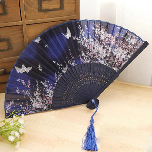 Chinese Folding Hand Silk Bamboo Fan Japanese Sakura Butterfly Flower ...