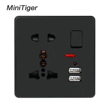 

Minitiger Black Wall Power Socket 13A Universal 5 Hole Switched Outlet 2.1A Dual USB Charger Port LED indicator