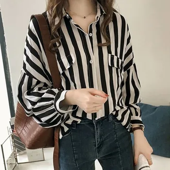 

Women's Striped Blouse Turn-down Collar Long Sleeve Shirts Office Ladies Blouse Femme