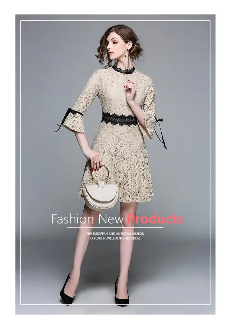 HIGH QUALITY New Fashion 2018 Runway Dress Women's Flare Sleeve Hollow out lace fishtail dress Lady Skirt Midi Dress
