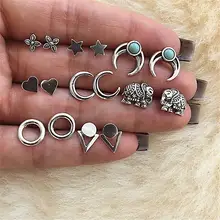 8 пар/компл. панк слон луна сердце цветок звезды геометрический камень серебро Для женщин серьги Женская изящная обувь на плоской подошве Костюмы аксессуары