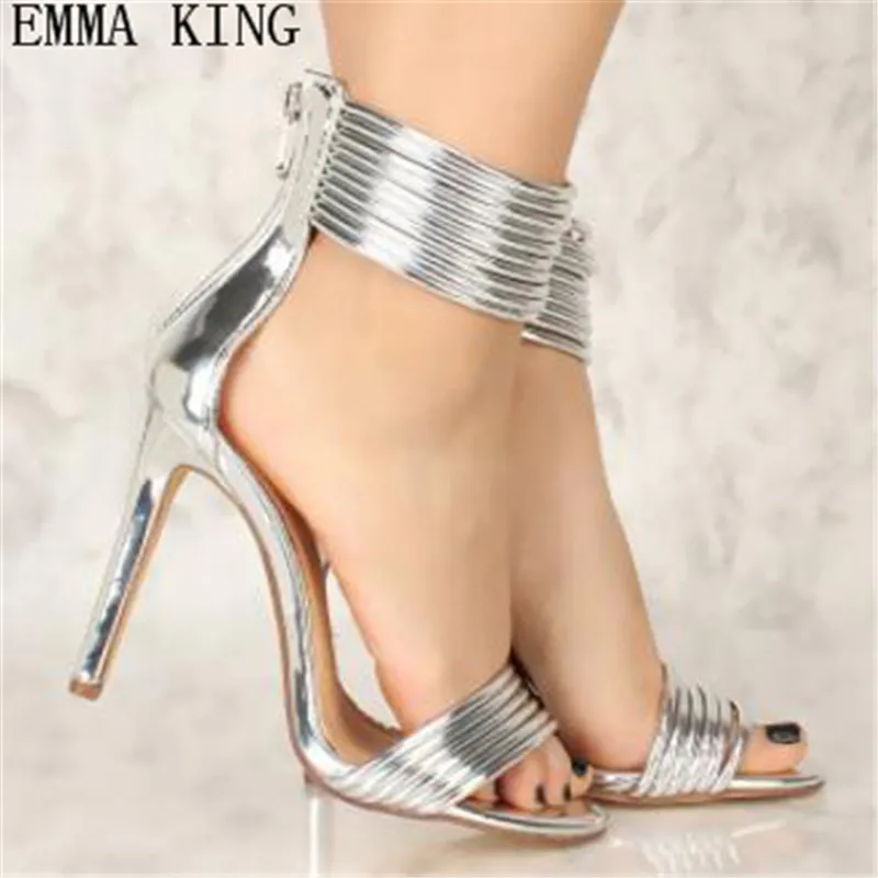 

EMMA KING Women Summer Casual High Sandals Leather Metal Decoration Zipper Ankle Wrap Shoes Leisure Plus Size Female