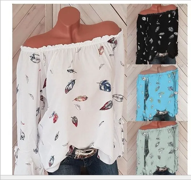 

2019 spring women's shirt fashion one word shoulder shirt trumpet sleeve feather print shirt