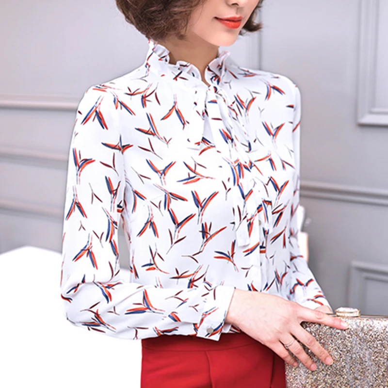 

New 2018 Autumn Women Tops Chiffon Lace up Shirt Long Sleeve Print Stand Single-breasted slim Elegant Female Shirts Blouse