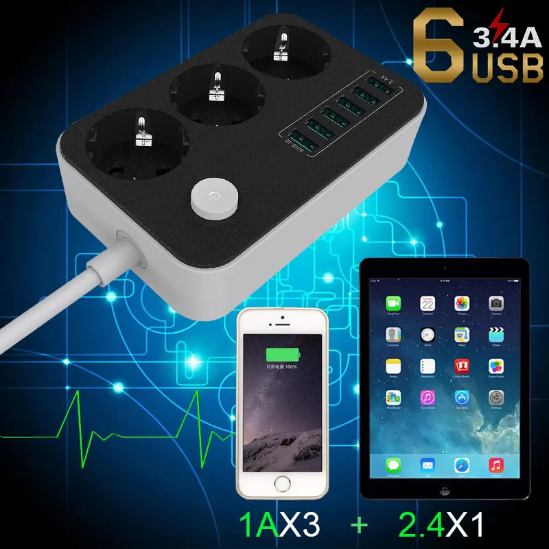 Штепсельная вилка ЕС розетка 3 розетки 6 USB розетка AC зарядное устройство переходник питания 2500 Вт с удлинителем 2 м Шнур кабель