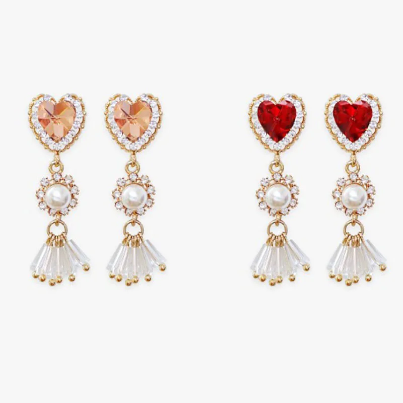 

ew Fashion Charm Tassel Pearl Crystal Love Heart Earrings for Women Fashion Asymmetric Drop Earrings Luxury Jewelry Gift