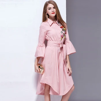 

Designer Casual Dress 2018 New Summer Flare Sleeve Embroidery Pink / White Belt Casual Asymmetrical Shirt Dress