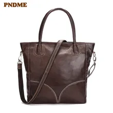 PNDME fashion vintage genuine leather ladies tote bag casual simple high quality cowhide women shoulder crossbody bags handbag women handbag genuine leather shoulder bags ladies casual tote high quality vintage solid rivet crossbody female messenger bags