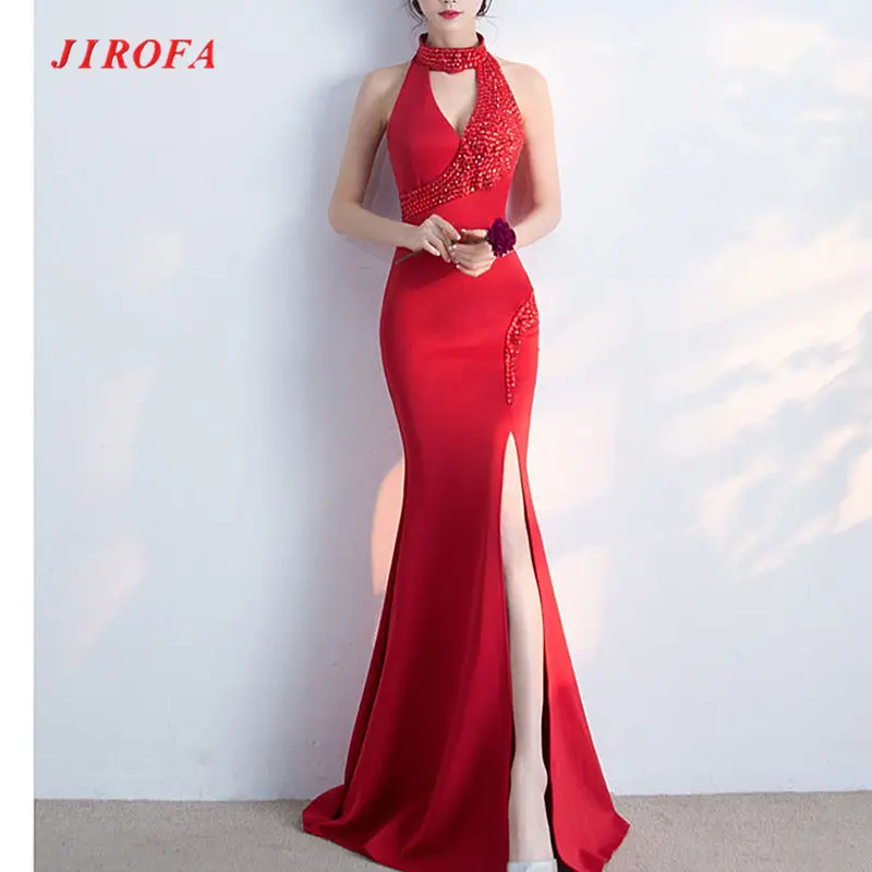 JIROFA Vestidos Verano, вечернее платье, труба, бисер, бодикон, Холтер, v-образный вырез, длинное, макси, сексуальное платье, вечерние, для ночного клуба, женское платье - Цвет: Red