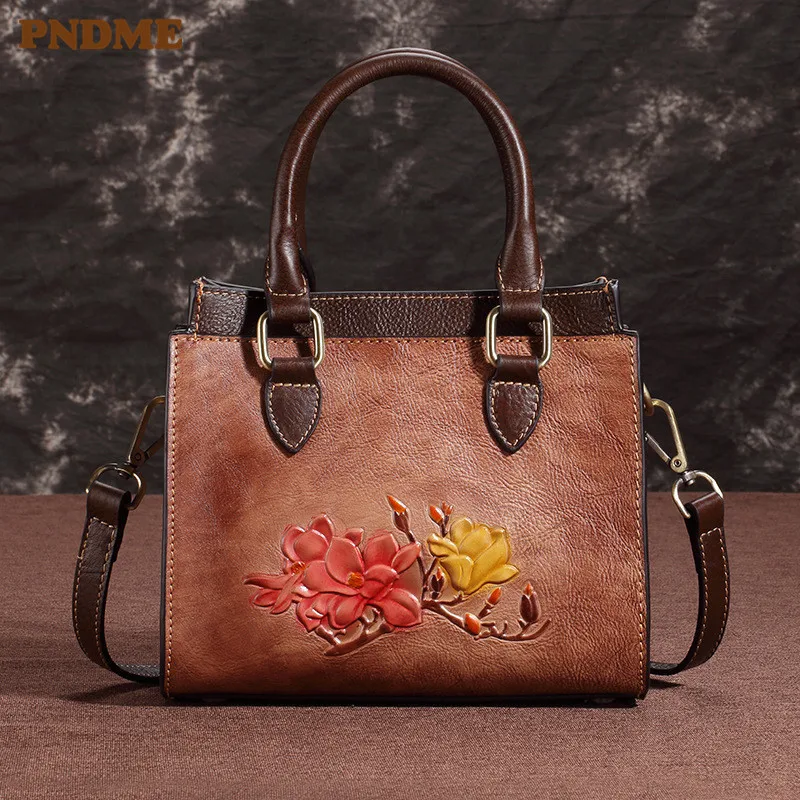 

PNDME luxury vintage fashion handmade embossed genuine leather ladies handbag messenger bags designer women's shoulder bags