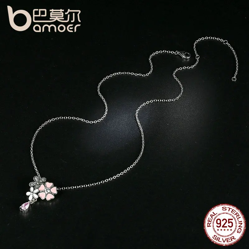 Bamoer стерлингового серебра 925 Розовое Сердце Cherry Blossom Цветок 45 см подвески и ожерелья Женщины стерлингового-серебро-ювелирные изделия SCN046