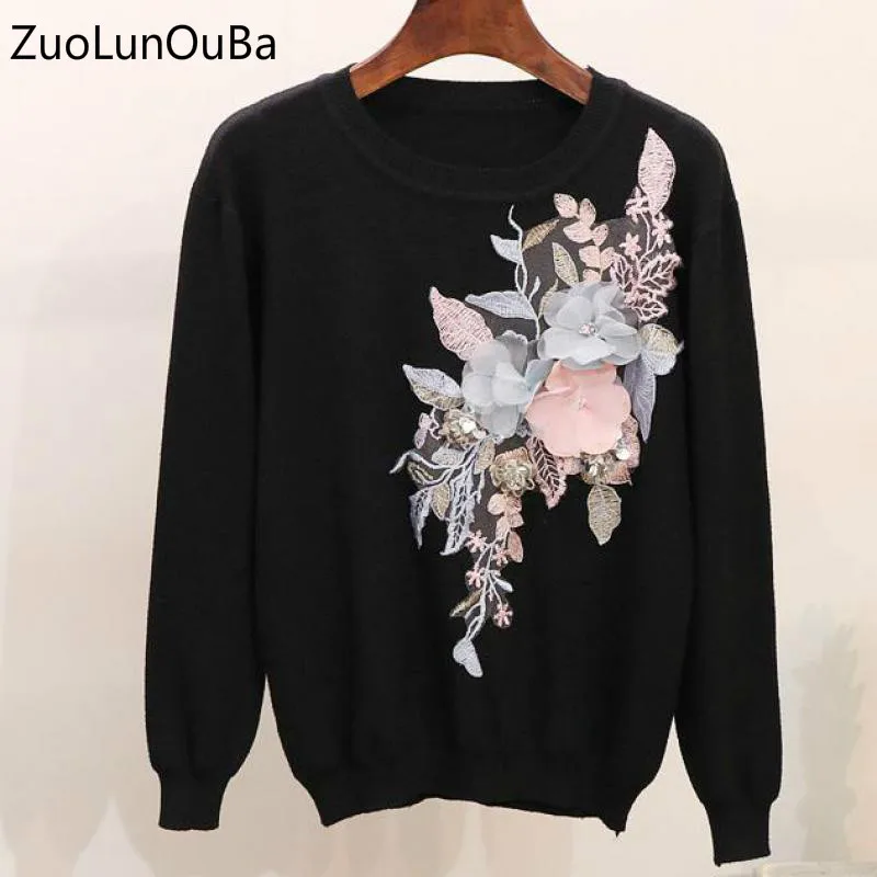 

ZuoLunOuBa Sweater Women 2019 Autumn Winter Beaded Sequins Three Dimensional Flower Embroidered Long Sleeve Knit Sweater Female