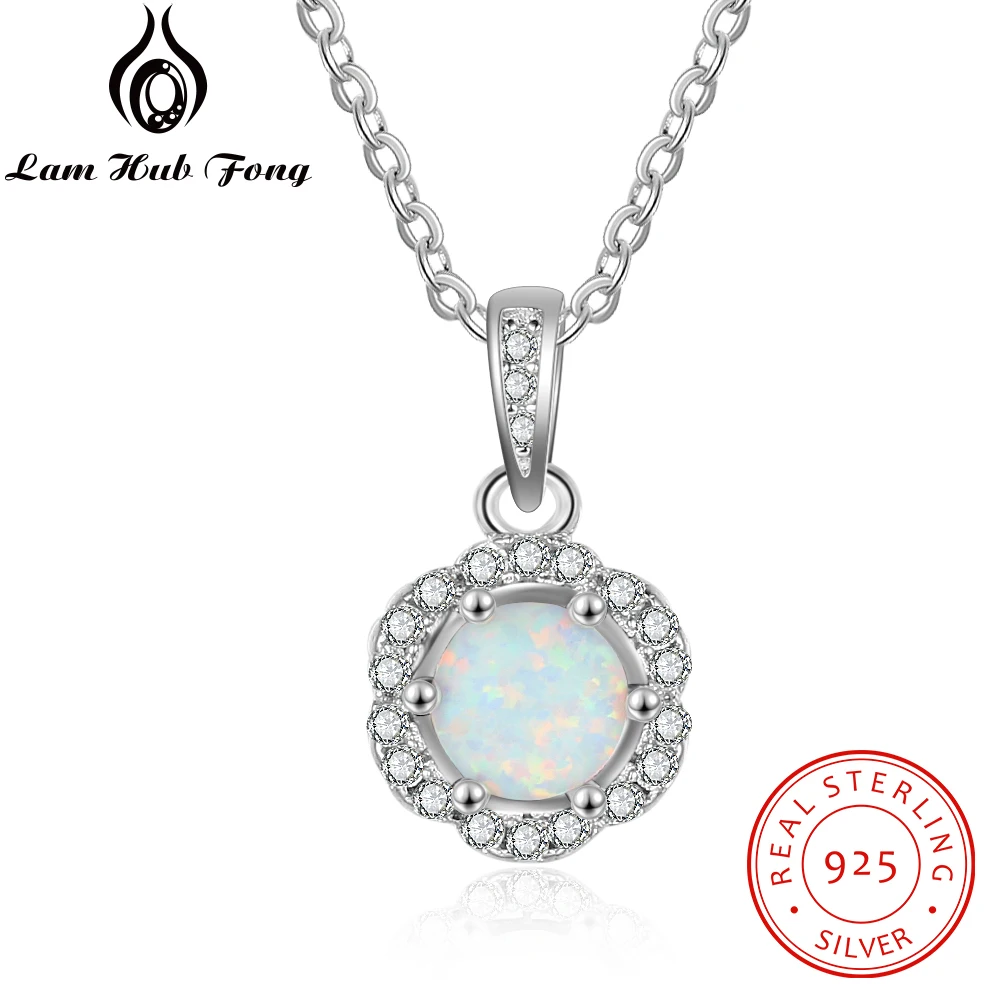 Women 925 Sterling Silver Flower Pendant Necklace With Zirconia Created White Opal Gift For Girlfriend Lam Hub Fong huismerk kopen in de aanbieding