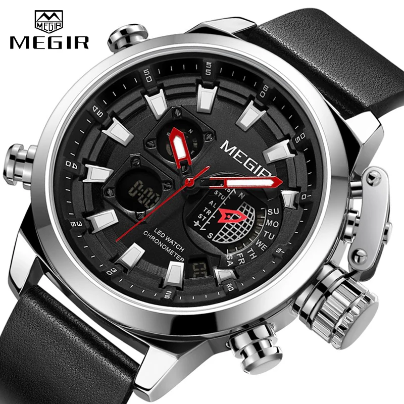 MEGIR New Watch Men Luxury Brand Analog Digital Sports Mens Watches Leather Army Military Waterproo