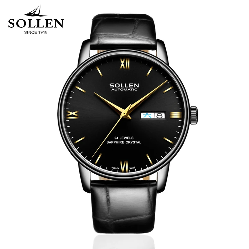 

Luxury Men Watch New SOLLEN Brand Simple Business Style Automatic Mechanical Watch Natural Cowhide Strap Relogio Masculino