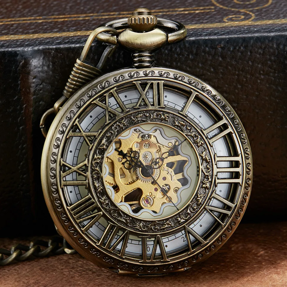 

Retro Bronze Mechanical Pocket Watch With Chain Unique Roman Numerals Hollow Sculpture Hand Wind Mechanical Pocket Watches Mens