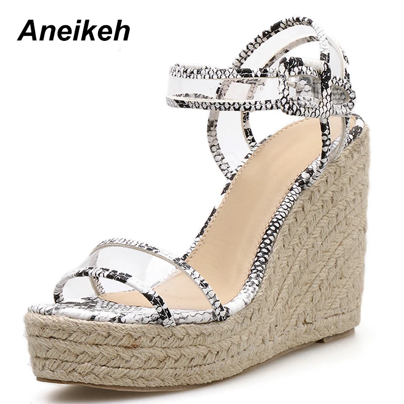 

Aneikeh 2019 PVC Sandals Summer Fashion Shallow Wedges Sandals High Heels Transparent Serpentine Round Toe White Black Size35-40