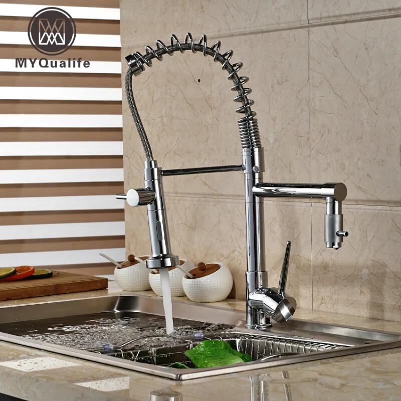 Polished Chrome Dual Sprayer Kitchen Sink Faucet Single Handle Spring Pull Down Kitchen Mixer Tap Two