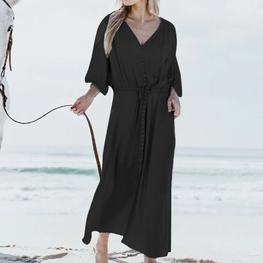 Women Casual Plus Size Tie Up Loose Fashion Button Daily Split Long Dress Beachwear Summer Sunscreen Cover Up#D