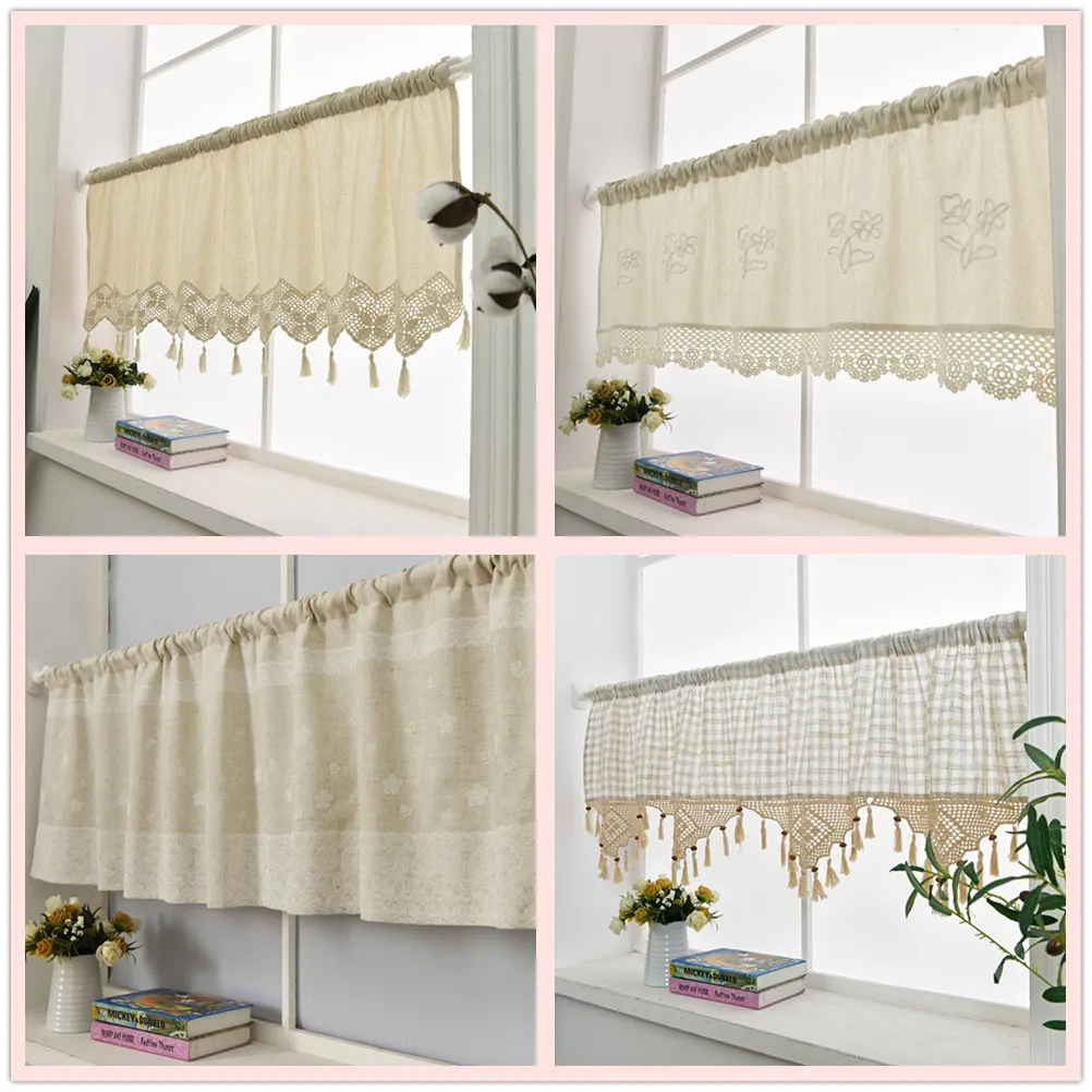 

ZHH Kitchen Curtain Handmade Embroidered Flower Cafe Curtain Linen Cotton Lace Window Valance Curtains for Home Decorative