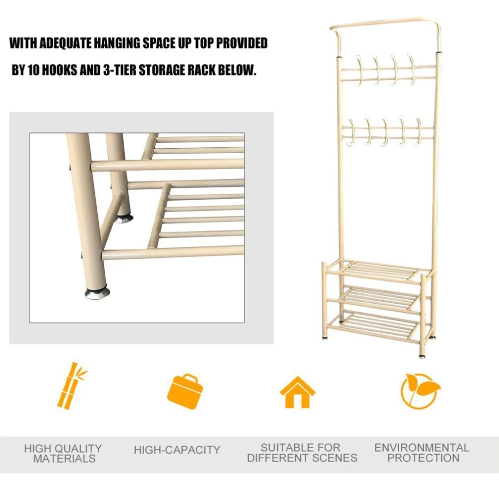 

DE New Modern Metal Coat Rack With 3 Layers Shoe Rack Multifunctional Clothes Hanging Stand Durable Garment Storage Wardrobe