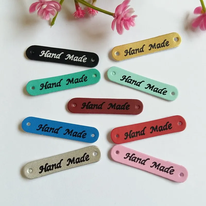 

30PCs multicolor PU Leather Clothing Label Hand made Pattern print Crafts DIY Sewing Accessories 49x10mm