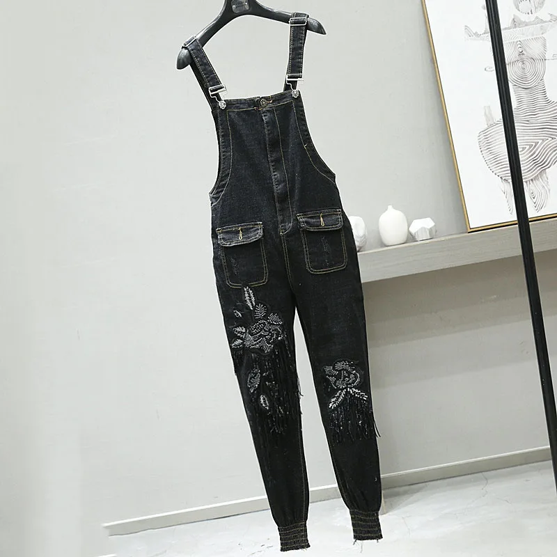 

Streetwear Style Overall Ripped Pockets Pants Women Washed Jeans Denim Casual Hole Jumpsuit Romper Overall Denim Pants Jumpsuit