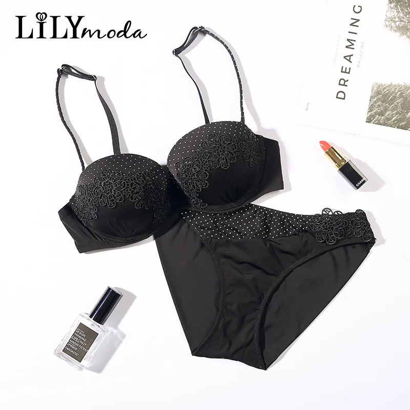 Lilymoda, сексуальный бюстгальтер и трусики, набор, для женщин, винтаж, горошек, Цветочная вышивка, нижнее белье, пуш-ап, бюстгальтер, бесшовные трусики