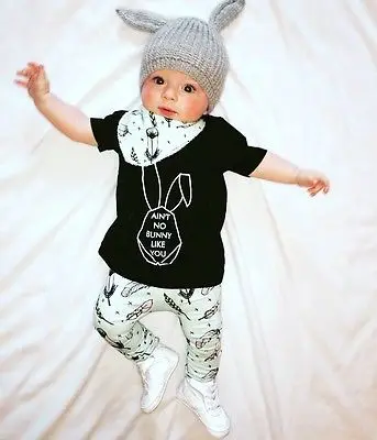 

Toddler 3pcs Cute Baby Girl Bunny T-shirt Baby Boy Black Tops Kids Leaves Pants Toddler Cartoon Animal Outfits Clothes