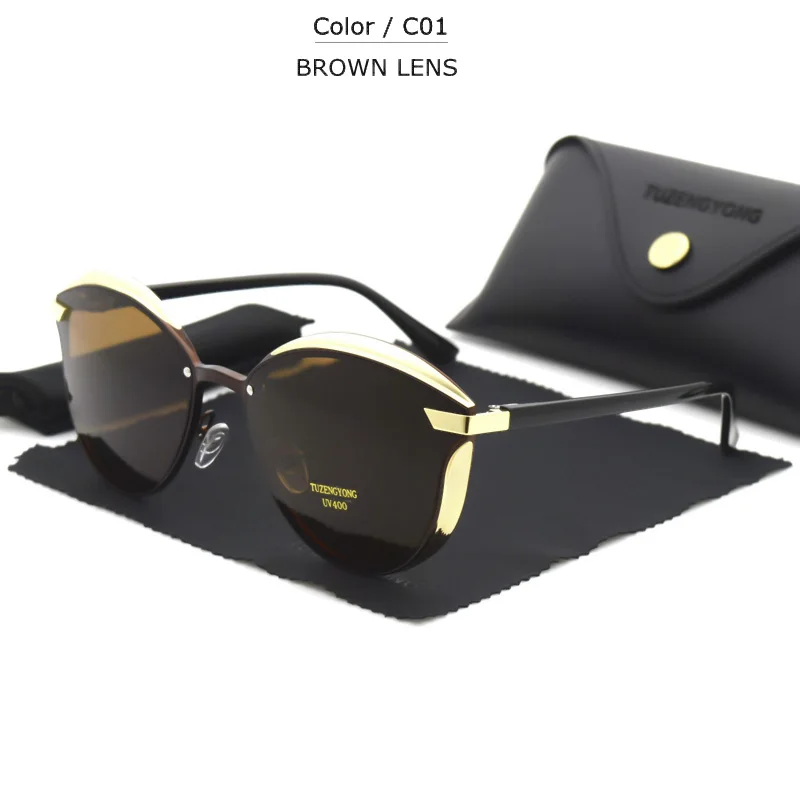 T1877 C01 TUZENGYONG Cat Eye Sunglasses Women Polarized Fashion Ladies Luxury Sun Glasses Female Vintage Shades Oculos de sol Feminino - Цвет линз: T1877 C01