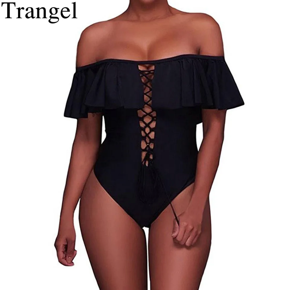 Trangel Ruffle Swimsuit One Piece Swimwear Women Off Shoulder Bodysuit Black Red Bathing Suit Bandage Backless Monokini | Спорт и