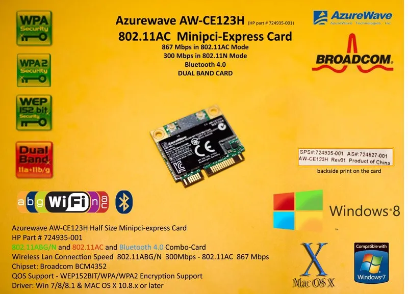 BroadCom BCM4352 BCM94352HMB Половина мини PCIe PCI-express беспроводная wifi WLAN BT Bluetooth карта 802.11AC 867 МГц для 724935-001