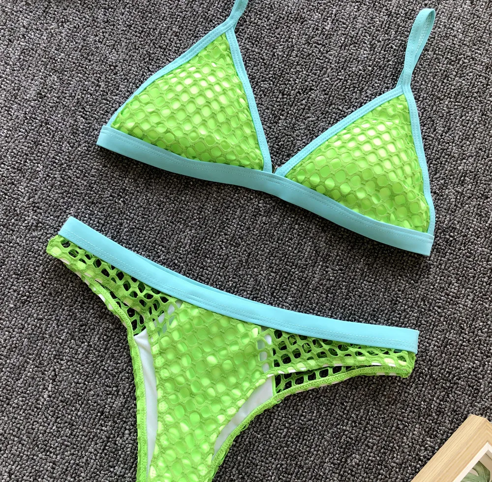 Рыболовный сетчатый бикини набор зеленый полый сексуальный купальный костюм бикини v-образный вырез пуш-ап бандажный мини-купальник женский S-L