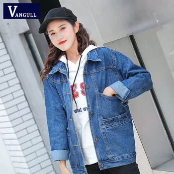 

vangull 2019 Solid Turn-down Collar Jeans Jacket for Women Loose Casual Blue Fashion Women Coats Female outwear Denim Feminine