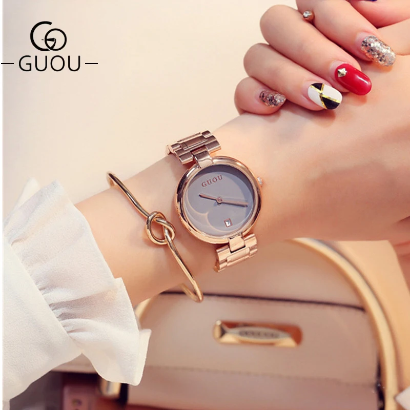 Koop GUOU Horloge Luxe Eenvoudige Diamant Vrouwen Horloges Rose Gold Dames Horloges Klok bayan kol saati reloj Mode Quartz Horloge