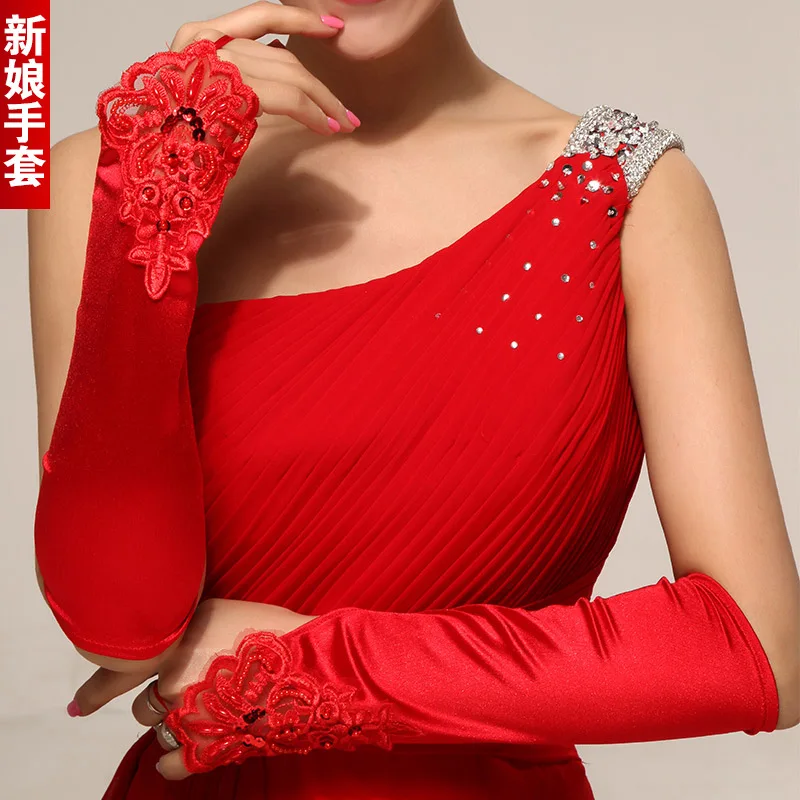 Hot Wedding Bridal Gloves Beaded Appliques Cheap Free Size White Red Black Bride Gloves Bridal Gloves Wedding Accessory
