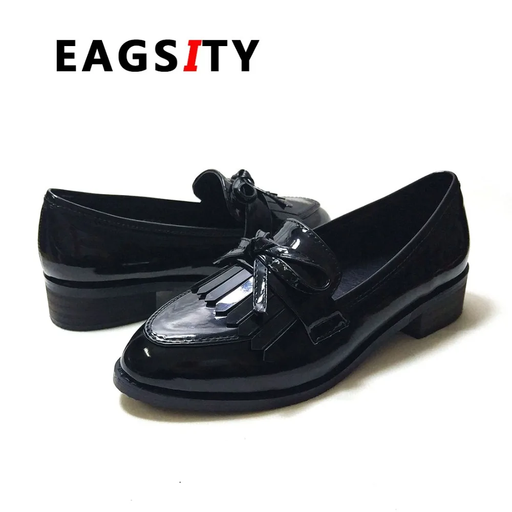 EAGSITY/женские лоферы из лакированной кожи; женские модельные туфли без застежки на квадратном каблуке с острым носком; офисная обувь; большой размер 43