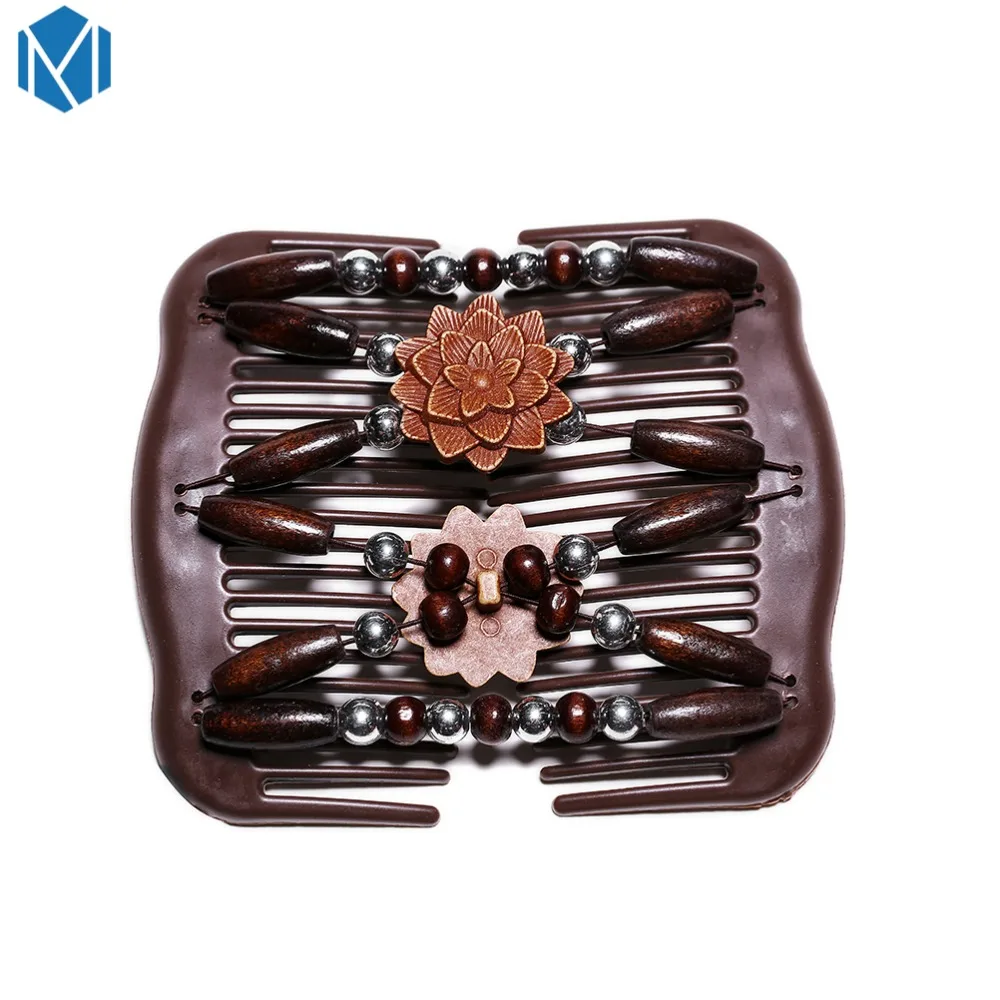 Horquilla Mágica Elástica Para El Pelo Con Cuentas De Madera Y Doble Deslizamiento - Clip Decorativo Multicolor