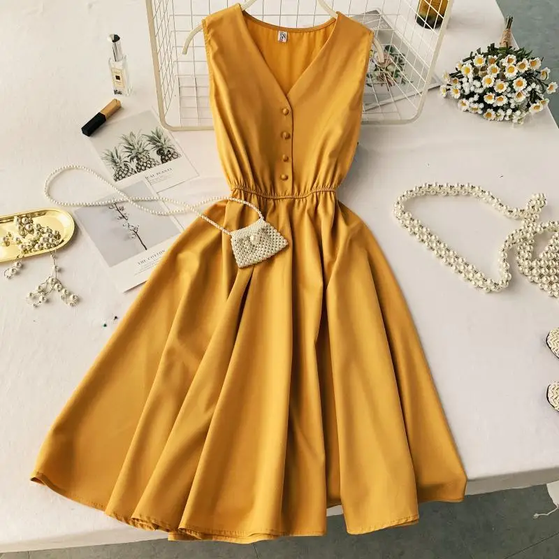 

Women V-neck Sleeveless Dress Solid Color Summer Dress Female Vintage Long Dresses Beach Style Korean Fashion G627
