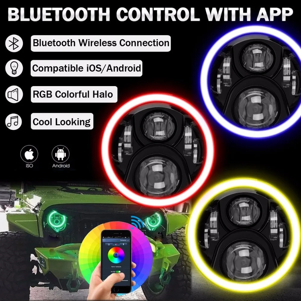 2шт RGB Halo Angel Eye Bluetooth дистанционный 7 дюймовый налобный фонарь для 1997 ~ 2016 Jeep Wrangler JK LJ