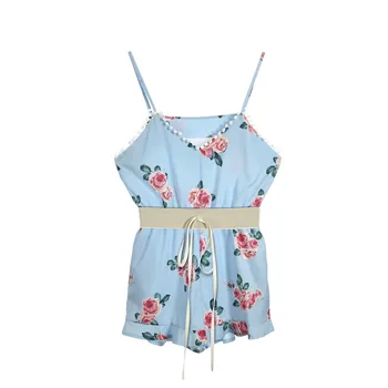

Summer 2018 new Women spaghetti strap Floral printed playsuits fashion casual v-neck bandage playsuits short overalls