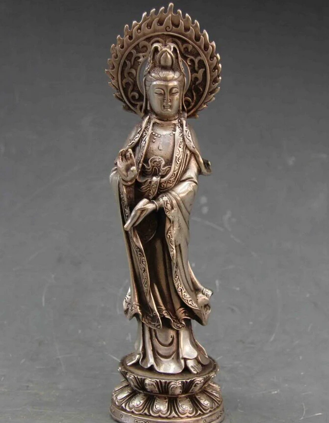 

Collectible bronze lion statue S0648 9 Buddhism Temple White Copper Silver stand Kwan-yin Guan Yin Boddhism Statue B0403