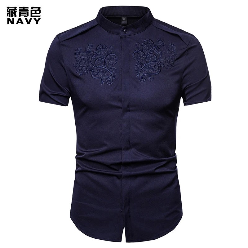 FFXZSJ Мужская рубашка вышитая рубашка с коротким рукавом slim fit Мужская Повседневная рубашка с вышивкой гавайская рубашка - Цвет: DA20-Navy